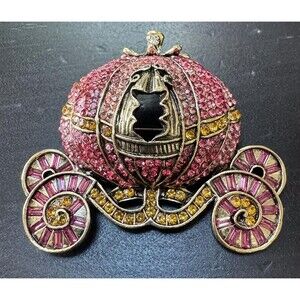 Vintage Iridescent Pink Carriage Fairy Pumpkin Ride Rhinestone Brooch Pin B90